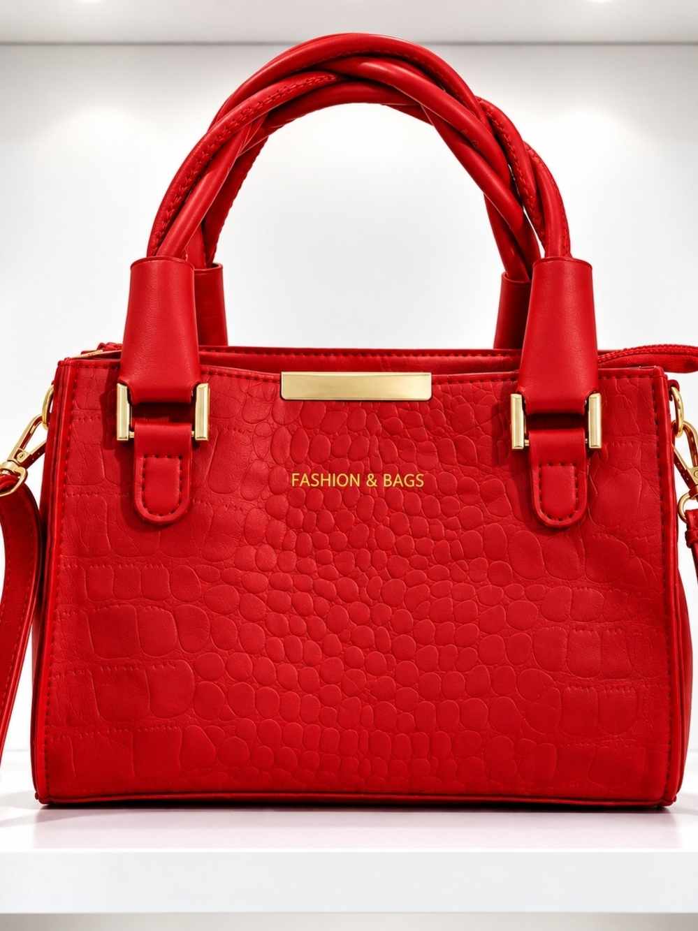 Red Textured Satchel Handbag